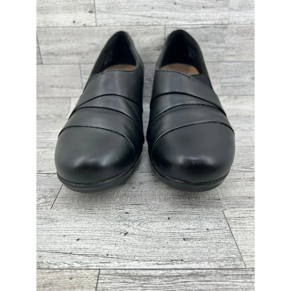 Clarks Collection Women Black Leather Slip On Block Heel Shoes Size‎ 9.5M